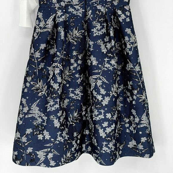 Theia Metallic Floral Jacquard A-Line Dress Knee Length Beaded Sequin Blue 2 - Picture 10 of 15